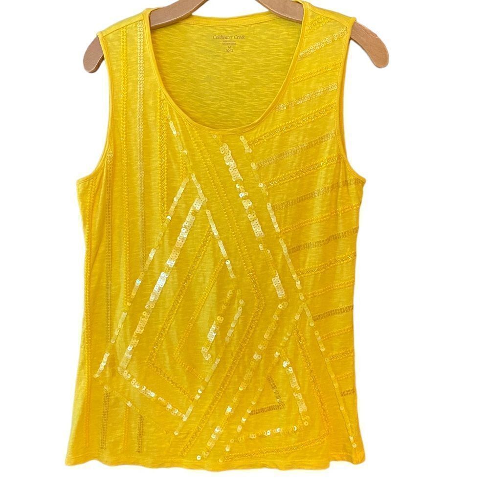 Coldwater Creek M Lemon Yellow Sequin Round Neck Sleeveless Everyday Tank Top